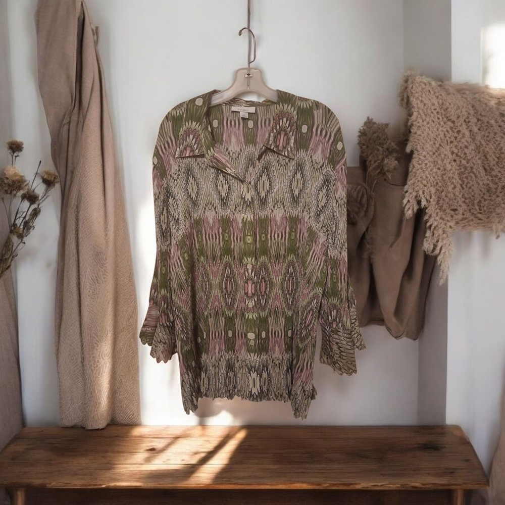 dressbarn Green and Pink Patterned Blouse